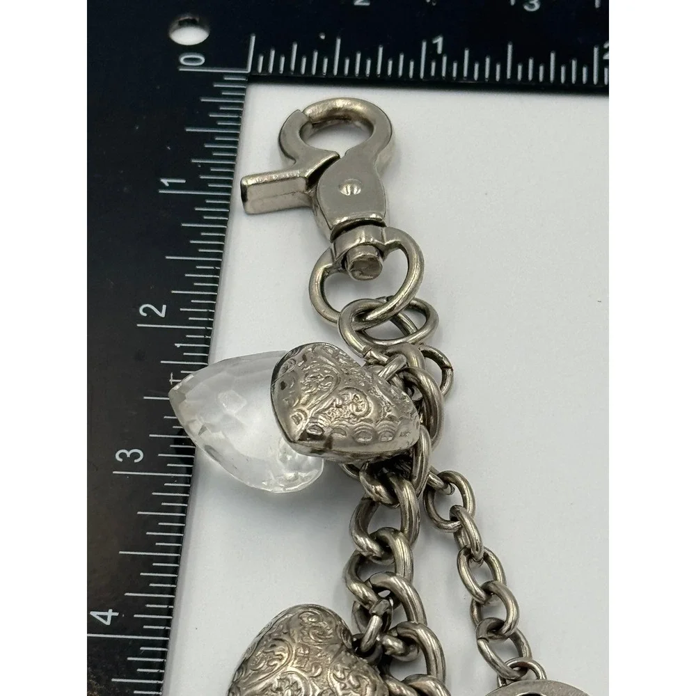 Kathy Van‎ Zeeland Silver Tone Heart Bag Charm Keychain Clear Faceted Hearts Y2K